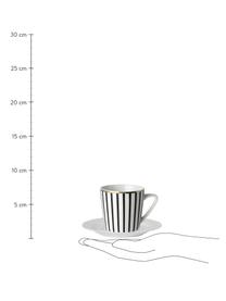 Koffiekopjes met schoteltjes Pluto Loft met streepversiering, 4 stuks, Porselein, Zwart, wit met goudkleurige rand, Ø 8 x H 8 cm, 120 ml