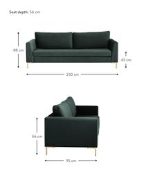 Sofa z aksamitu z metalowymi nogami Luna (3-osobowa), Tapicerka: aksamit (poliester) Dzięk, Nogi: metal galwanizowany, Ciemnozielony aksamit, złoty, S 230 x G 95 cm