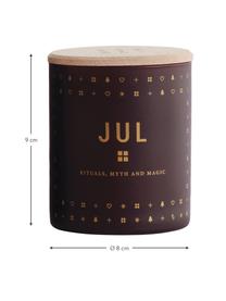 Duftkerze Jul (Lebkuchen, Honig, Nelken), Behälter: Glas, Deckel: Buchenholz, Burgunderrot, Goldfarben, Helles Holz, Ø 8 x H 9 cm