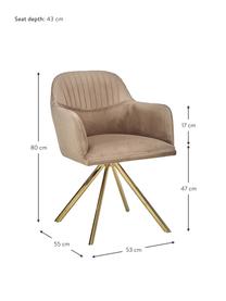 Fluwelen draaistoel Lola met armleuning, Bekleding: fluweel polyester, Poten: gegalvaniseerd metaal, Fluweel lichtbruin, goudkleurig, B 53 x D 55 cm
