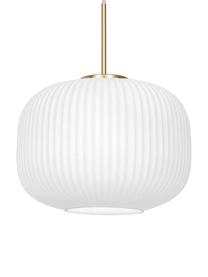 Pendelleuchte Milford aus Opalglas, Lampenschirm: Opalglas, mundgeblasen, Baldachin: Metall, beschichtet, Dekor: Metall, gebürstet, Weiß, Goldfarben, Ø 30 x H 24 cm