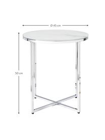 Table d'appoint ronde avec plateau en verre aspect marbre Antigua, Blanc aspect marbre, couleur chrome, Ø 45 x haut. 50 cm