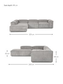 Narożna sofa modułowa XL ze sztruksu Lennon, Tapicerka: sztruks (92% poliester, 8, Stelaż: lite drewno, sklejka, Nogi: tworzywo sztuczne, Szary sztruks, S 329 x W 68 cm, lewostronna