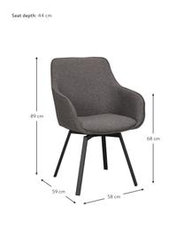 Sedia girevole con braccioli imbottita e gambe in metallo Alison, Struttura: 100% polipropilene Con 25, Struttura: legno certificato FSC, Gambe: metallo verniciato a polv, Tessuto grigio scuro, Larg. 58 x Prof. 59 cm