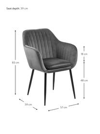 Sedia con braccioli in velluto e gambe in metallo Emilia, Rivestimento: velluto di poliestere Con, Gambe: metallo, verniciato, Velluto grigio scuro, nero, Larg. 57 x Prof. 59 cm