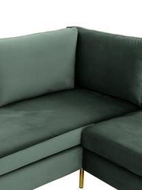 Sofa narożna z aksamitu z metalowymi nogami Luna, Tapicerka: aksamit (poliester) Dzięk, Nogi: metal galwanizowany, Ciemnozielony aksamit, S 280 x G 184 cm, lewostronna