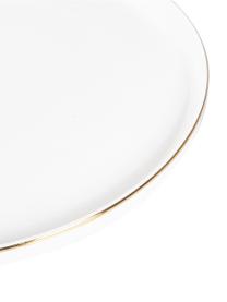 Vajilla Luxury, 4 comensales (12 pzas.), Porcelana Fine Bone China (fina de hueso)
Fine Bone China es una pasta de porcelana fosfática que se caracteriza por su brillo radiante y translúcido, Blanco con borde dorado, Set de diferentes tamaños