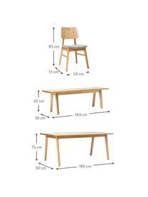 Table Melfort avec banc et chaises Nagano, 4 élém., Bois, tissu gris clair, Lot de différentes tailles