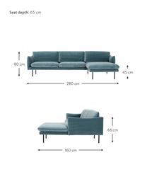 Sofa narożna z aksamitu z metalowymi nogami Moby, Tapicerka: aksamit (wysokiej jakości, Stelaż: lite drewno sosnowe z cer, Nogi: metal malowany proszkowo, Turkusowy aksamit, S 280 x G 160 cm, lewostronna