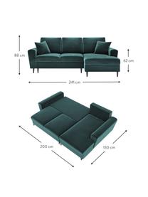 Divano letto angolare 4 posti in velluto color petrolio con contenitore Moghan, Rivestimento: velluto di poliestere Il , Struttura: legno massiccio di pino, , Piedini: metallo laccato, Velluto color petrolio, nero, Larg. 241 x Prof. 145 cm, chaise-longue a destra