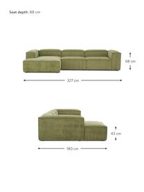 Narożna sofa modułowa ze sztruksu Lennon, Tapicerka: sztruks (92% poliester, 8, Stelaż: lite drewno sosnowe z cer, Nogi: tworzywo sztuczne, Zielony sztruks, S 327 x G 180 cm, lewostronna