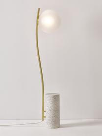 Kleine vloerlamp Cora met terrazzo voet, Lampenkap: glas, Frame: gecoat staal, Lampvoet: terrazzo, Wit, goudkleurig, terrazzo look, Ø 25 x H 127 cm