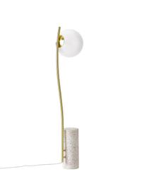 Kleine vloerlamp Cora met terrazzo voet, Lampenkap: glas, Frame: gecoat staal, Lampvoet: terrazzo, Wit, goudkleurig, terrazzo look, Ø 25 x H 127 cm