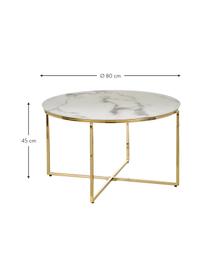 Tavolino rotondo da salotto con piano in vetro effetto marmo Antigua, Struttura: metallo ottonato, Ottonato, bianco marmorizzato, Ø 80 x Alt. 45 cm