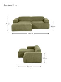 Canapé d'angle 3 places velours côtelé Melva, Velours côtelé vert, larg. 239 x prof. 143 cm, méridienne à gauche
