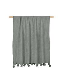 Plaid cosy avec pompons Molly, 100 % coton, Vert, larg. 130 x long. 170 cm