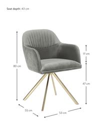 Sedia con braccioli girevole in velluto Lola, Rivestimento: velluto di poliestere Con, Gambe: metallo zincato, Velluto grigio pietra, dorato, Larg. 53 x Prof. 55 cm