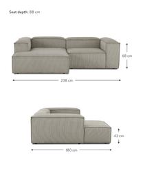 Canapé d'angle modulaire velours côtelé gris Lennon, Velours côtelé gris, larg. 238 x prof. 180 cm, méridienne à gauche