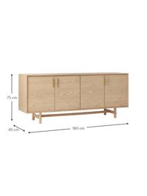 Sideboard Diana aus Eichenholz mit Türen, Korpus: Spanplatte mit Eichenholz, Beine: Massives Eichenholz, FSC-, Griffe: Aluminiumlegierung, Holz, B 180 x H 75 cm