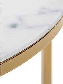 Tavolino con piano in vetro marmorizzato Antigua, Piano d'appoggio: vetro con stampa opaca, Struttura: acciaio ottonato, Bianco, ottone, Ø 50 x Alt. 42 cm