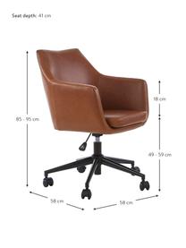 Sedia da scrivania in similpelle Nora, regolabile in altezza, Rivestimento: similpelle (poliuretano), Gambe: metallo verniciato a polv, Ruote: plastica, Similpelle color cognac, Larg. 58 x Prof. 58 cm
