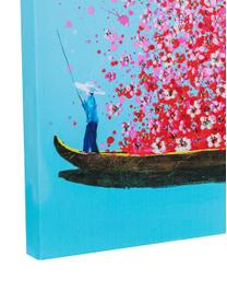 Bemalter Leinwanddruck Flower Boat in Blau/Pink, Bild: Digitaldruck mit Acrylfar, Blau, Pink, B 80 x H 100 cm