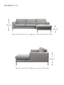 Canapé d'angle 3 places pieds en métal Cucita, Tissu gris clair, larg. 262 x prof. 163 cm, méridienne à droite