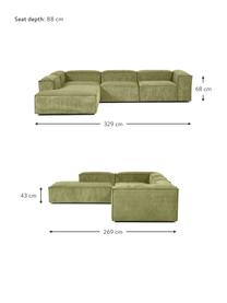 Narożna sofa modułowa XL ze sztruksu Lennon, Tapicerka: sztruks (92% poliester, 8, Stelaż: lite drewno, sklejka, Nogi: tworzywo sztuczne, Zielony sztruks, S 329 x W 68 cm, prawostronna