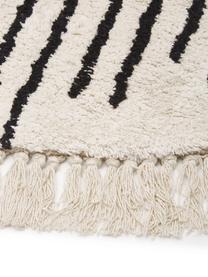 Runder Boho-Baumwollteppich Fini mit Fransen, handgetuftet, 100% Baumwolle, Beige, Schwarz, Ø 150 cm (Größe M)