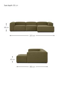Divano angolare componibile Lennon, Rivestimento: 100% poliestere Con 115.0, Struttura: legno di pino massiccio, , Piedini: plastica, Tessuto verde, Larg. 327 x Prof. 180 cm, chaise-longue a sinistra