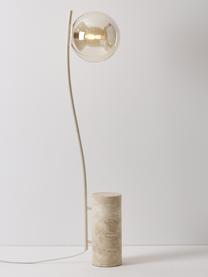 Kleine vloerlamp Cora met travertijn voet, Lampenkap: glas, Frame: gecoat staal, Lampvoet: travertijn, Beige, wit, Ø 25 x H 127 cm