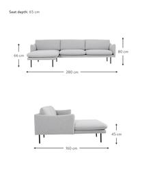 Sofa narożna z metalowymi nogami Moby, Tapicerka: poliester Dzięki tkaninie, Tapicerka: pianka na zawieszeniu spr, Stelaż: lite drewno sosnowe z cer, Nogi: metal malowany proszkowo, Jasnoszara tkanina, S 280 x G 160 cm, lewostronna