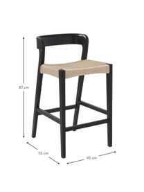 Taburete de bar de mimbre Vikdalen, Estructura: madera de olmo, Asiento: trenza de cuerda de papel, Madera de olmo pintada en negro, An 45 x Al 87 cm