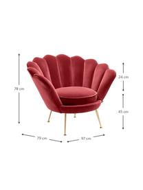 Fluwelen lounge fauteuil Trapezium in rood, Bekleding: 95% polyester, 5% katoen , Poten: messing gecoat edelstaal, Donkerrood, B 97 x D 79 cm