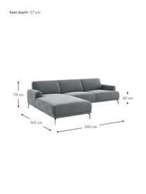 Divano angolare 4 posti in velluto grigio acciaio Puzo, Struttura: compensato, legno di fagg, Velluto grigio acciaio, argentato, Larg. 240 x Prof. 165 cm, chaise-longue a sinistra