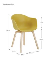 Kunststoff-Armlehnstuhl Claire mit Holzbeinen, Sitzschale: Kunststoff, Beine: Buchenholz, Gelb, B 60 x T 54 cm