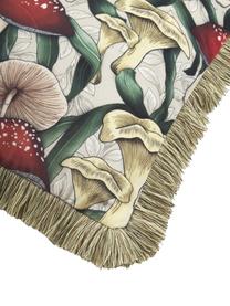 Federa arredo in velluto con motivo funghi e frange Devas, Frange: 100% cotone, Beige, verde, rosso, Larg. 45 x Lung. 45 cm