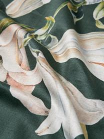 Taie d'oreiller en satin de coton avec imprimé floral Flori, Vert foncé, beige, larg. 50 x long. 70 cm