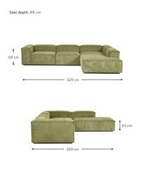 Canapé d'angle XL modulable velours côtelé Lennon, Velours côtelé vert, larg. 329 x haut. 68 cm, méridienne à droite
