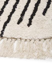 Runder Baumwollteppich Fini mit Fransen, handgetuftet, 100% Baumwolle, Beige, Schwarz, Ø 150 cm (Größe M)