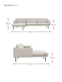 Canapé d'angle avec pieds en métal Moby, Tissu beige, larg. 280 x prof. 160 cm, méridienne à gauche