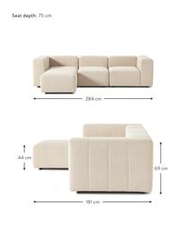 Sofa modułowa bouclé z pufem Lena (4-osobowa), Tapicerka: bouclé (93% poliester, 6%, Stelaż: drewno sosnowe, sklejka, , Nogi: tworzywo sztuczne, Beżowy bouclé, S 284 x G 181 cm