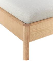 Lit en bois avec tête de lit rembourrée Sean, Tissu beige, bois de frêne clair, larg. 140 x long. 200 cm