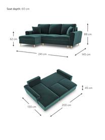 Canapé d'angle 4 places velours avec fonction lit et rangement Moghan, Velours vert, couleur laitonnée, larg. 241 x prof. 145 cm, méridienne à droite