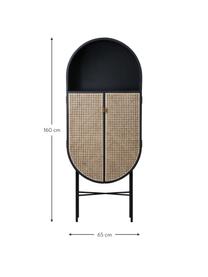 Handgemaakt dressoir Linzie van mangohout met Weens vlechtwerk in zwart, Frame: mangohout, poedercoating, Poten: gepoedercoat ijzer, Handvatten: messing, gecoat, Licht hout, zwart, messingkleurig, B 65 x H 160 cm