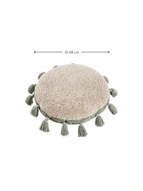 Handgefertigtes Kuschelkissen Circle mit Fransen, Bezug: 97 % Baumwolle, 3 % ander, Cremeweiss, Salbeigrün, Ø 48 cm