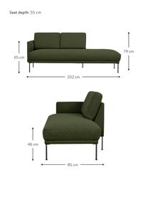 Chaise longue con piedini in metallo Fluente, Rivestimento: 100% poliestere Con 40.00, Struttura: legno di pino massiccio, Piedini: metallo verniciato a polv, Tessuto verde scuro, Larg. 202 x Prof. 85 cm, schienale a sinistra