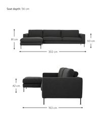 Sofá rinconera Cucita (4 plazas), Tapizado: tejido (100% poliéster) A, Estructura: madera de pino maciza, Patas: metal pintado, Tejido gris antracita, An 302 x F 163 cm, chaise longue izquierda