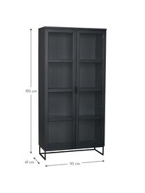 Schwarze Glasvitrine Everett, Korpus: Eichenholz, massiv, lacki, Gestell: Metall, lackiert, Schwarz, B 95 x H 195 cm