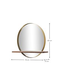 Runder Wandspiegel Kenny mit Holz-Ablage, Ablage: Mitteldichte Holzfaserpla, Rahmen: Metall, beschichtet, Spiegelfläche: Spiegelglas, Goldfarben, Holz, B 70 x H 60 cm